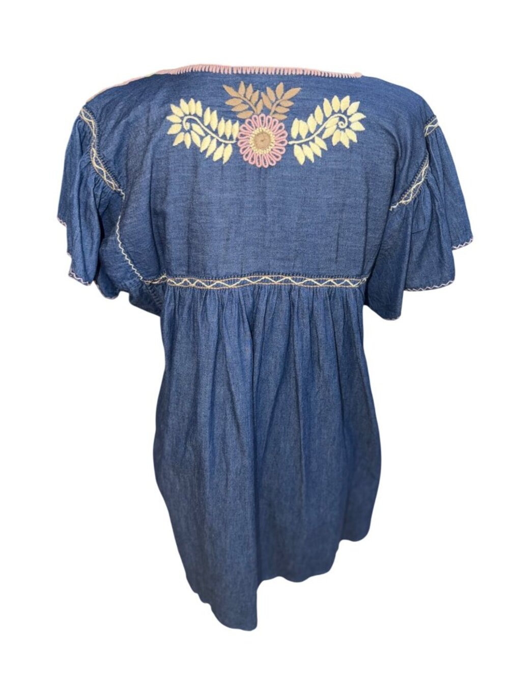 Denim Tunic Top Boho Santa Fe Western Floral Embroidery Flutter Sleeves Womens M - Picture 4 of 8